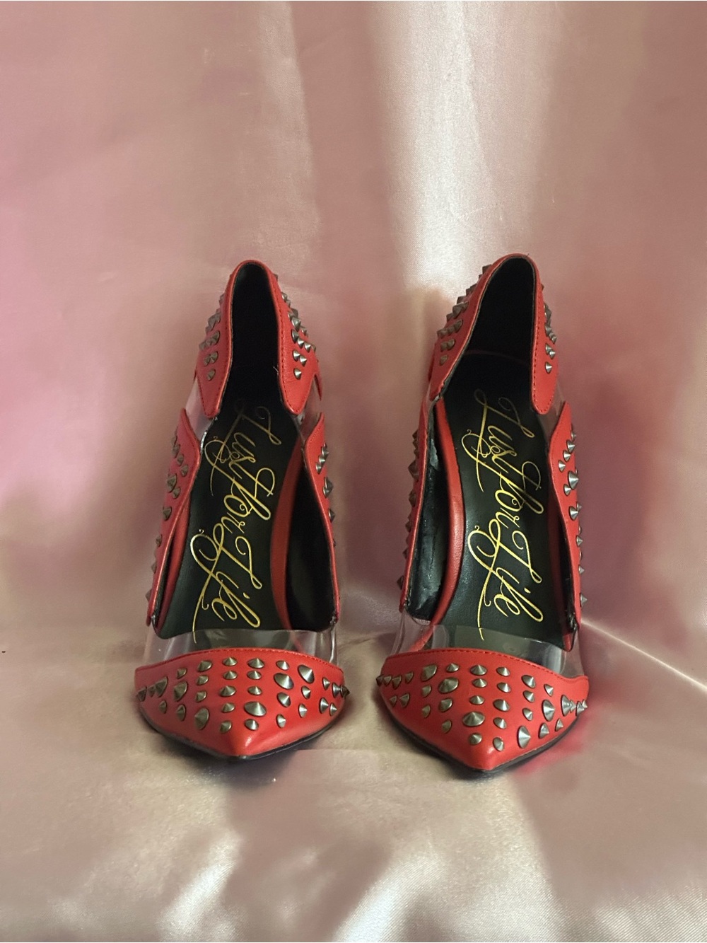 Red Studded Pointed-Toe Heels with Script Insole
